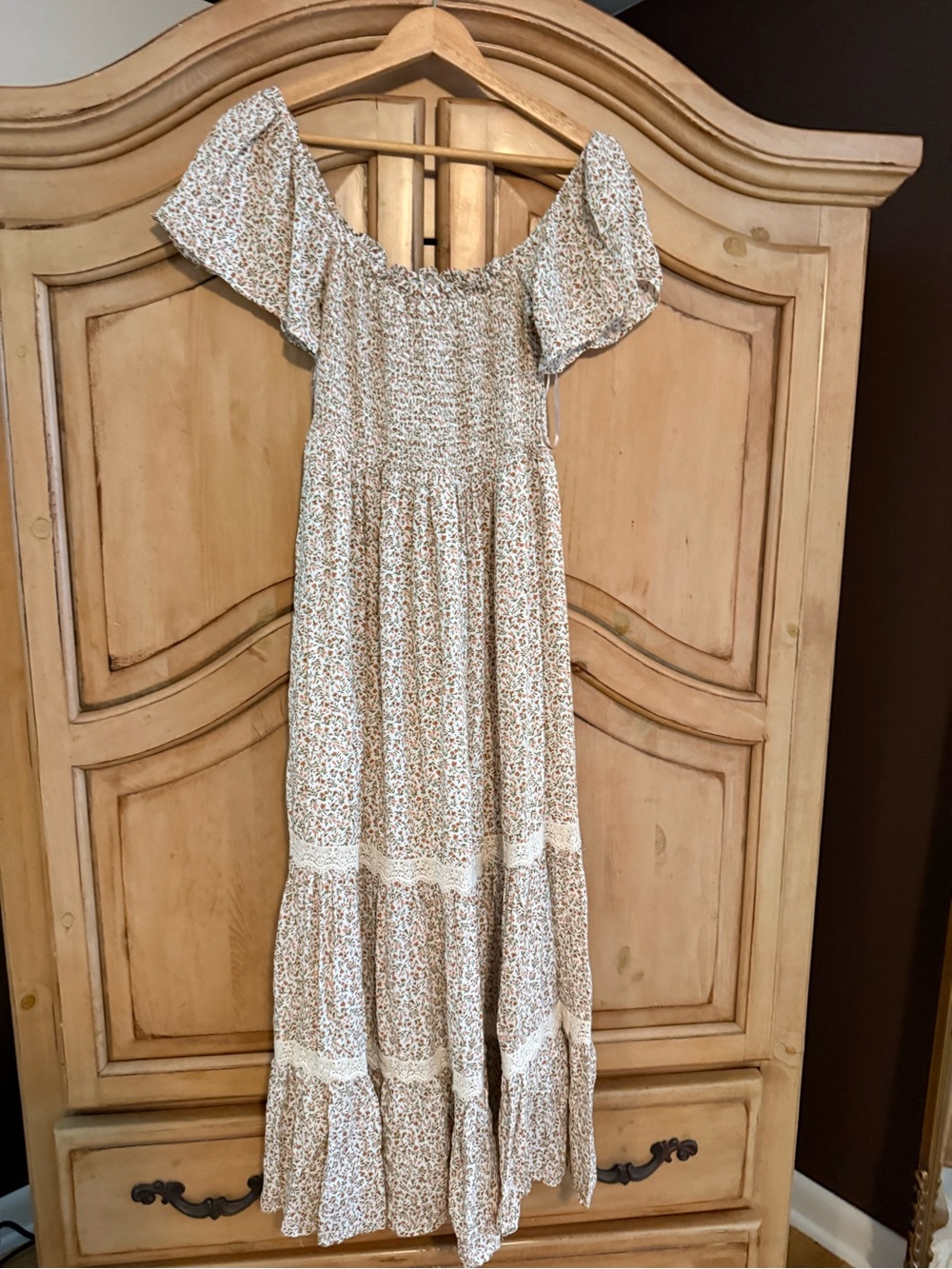In Bloom Cream and Brown Floral Smocked Tiered Maxi Dress